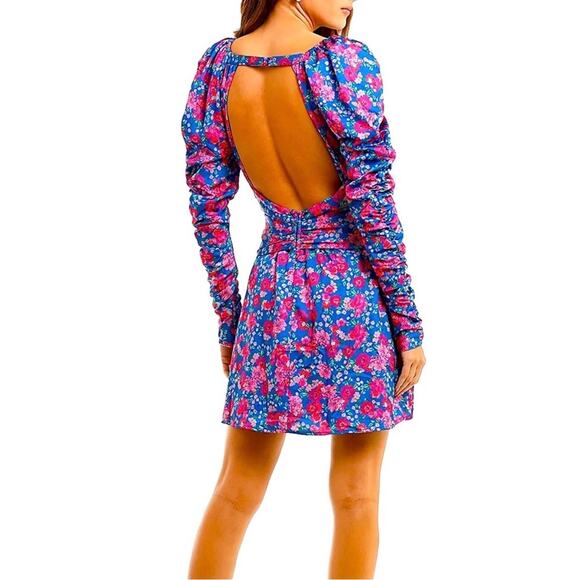 For Love & Lemons Annie Cobalt Blue & Pink Floral Print Mini Dress Women’s Large - Picture 2 of 10